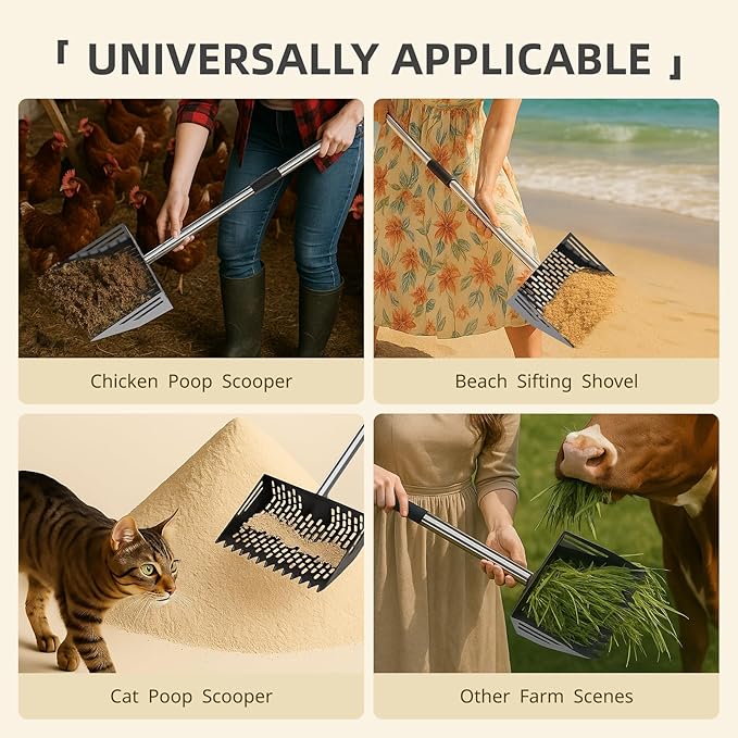 Chicken Poop Scooper, 10 Inch 2 in 1 Rake Chicken Coop Scoop, Adjustable Sifting Shovel Heavy-Duty Chicken Coop Accessory Feces Shovel with Adjustable Handle & Pet Waste Cleaning