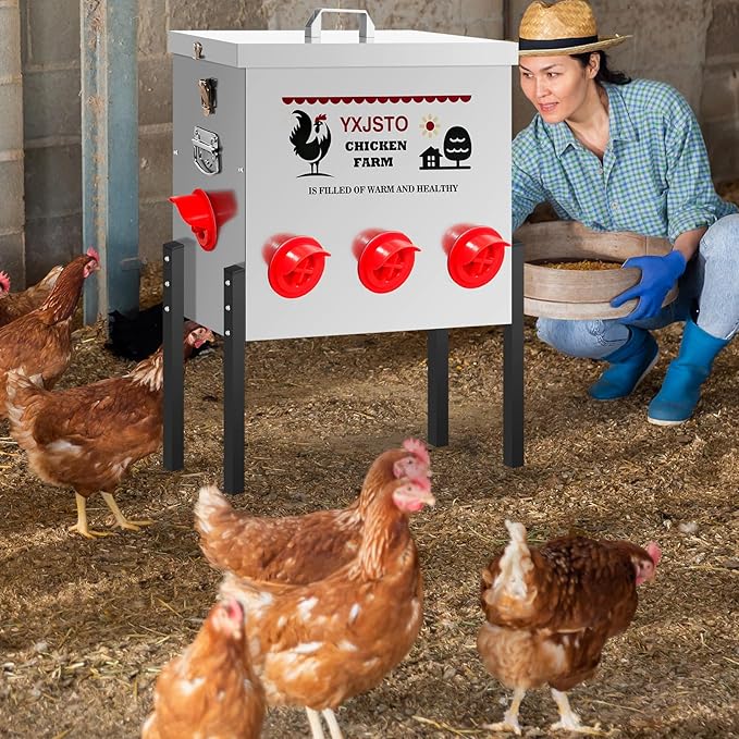 50LB Automatic Chicken Feeder with 8 Ports, Heavy Duty Metal No-Waste Poultry Feeder, Rustproof & Weatherproof Chicken Feeder with Adjustable Legs & Locking Lid