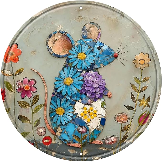 Mouse Round Metal Tin Sign Wreath Farm Flowers Rustic Vintage Wall Art Decor for Garden Porch Yard Farmhouse Outdoor Decor 12x12inch