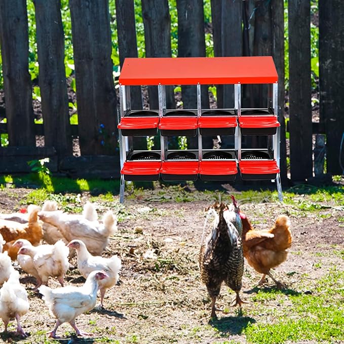 Metal Chicken Nesting Box – 8 Compartments Roll Away Egg Box, Easy Clean Hen Roosting Boxes with Stand, Ideal for Laying Hens, Durable Poultry Coop Accessory – with Bracket Legs, Red