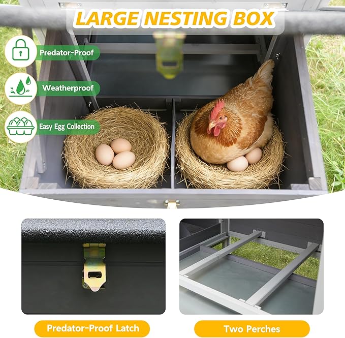 Chicken Coop with Run,Large Outdoor Chicken House with Nesting Box for 2-6 Chickens,Outdoor Wooden Hen House Poultry Pet Hutch Run Cage (Gray+White)