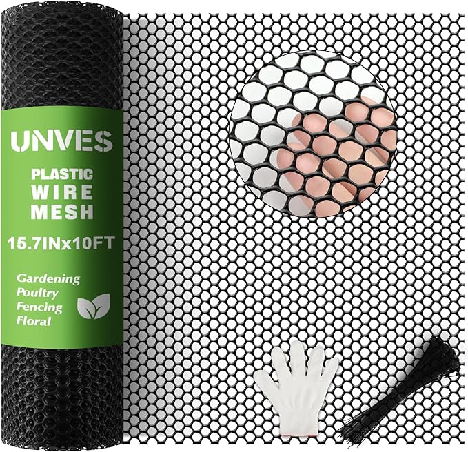 Unves Plastic Chicken Wire, 15.7IN x 10FT Plastic Mesh Wire Fencing Roll, Hexagonal Garden Fencing Netting for Poultry Floral Dogs Rabbit Pets Barrier, 0.3" Mesh Hexagonal Fence Roll, Black
