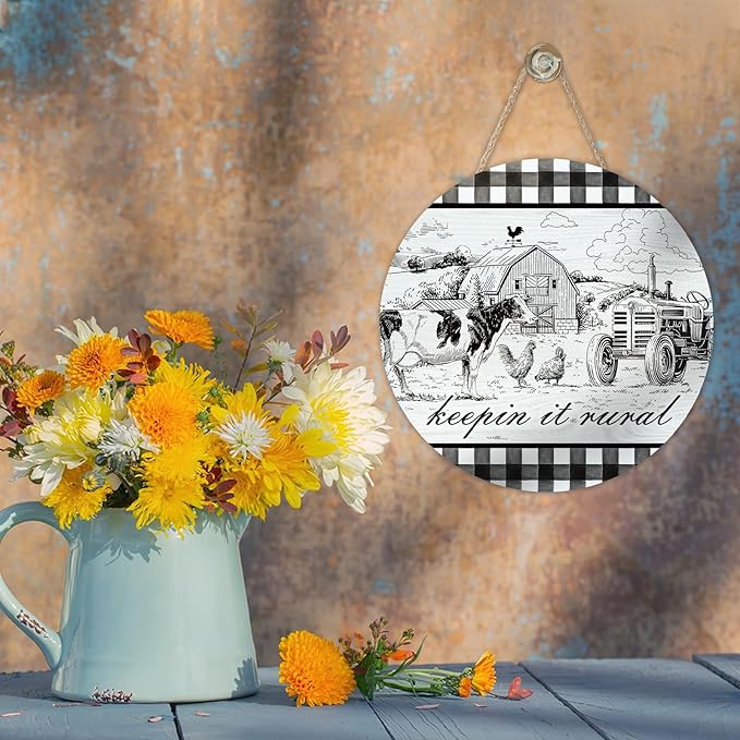 Farm Animals Keeping It Rural Front Door Sign, Farmhouse Cow Chicken Tractor Country Barn Wood Plaque Hanger Home Decor, Rustic Plaid Wooden Wreath Wall Hanging Decoration Gifts for Farmers