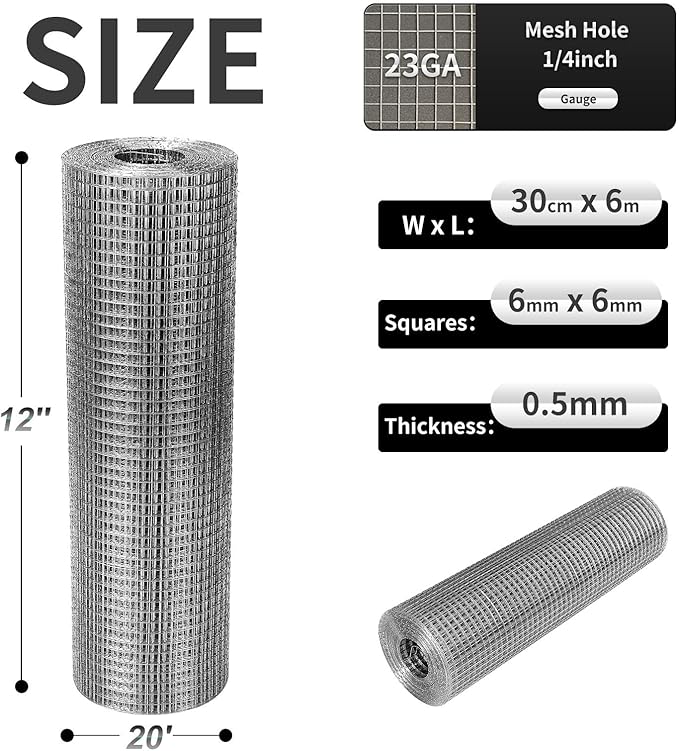Hardware Cloth 12'' x 20' 1/4 in Galvanized Wire Mesh Roll (23 GA) Chicken Wire Fence Roll for Chicken Pen/coop Fences, Screen mesh, Rabbit/Snake Fences, Poultry enclosures, Handicraft Making, etc.