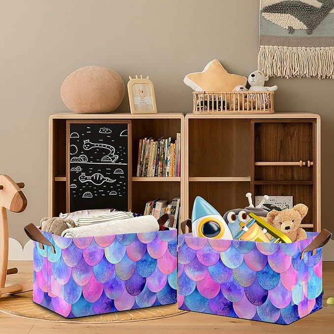 Glitter Fish Scales Storage Baskets,Mermaids Foldable Organizer Bin with Handles for Home Living Room Bedroom Closet Box 17x11.5x10Inch