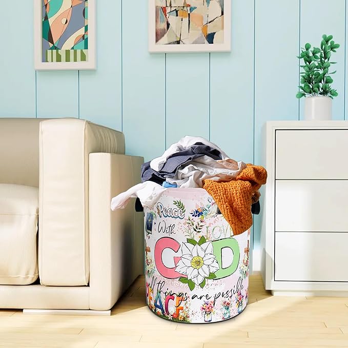 Christian Peace Laundry Basket God Bible Verse Oxford Cloth Laundry Hamper With Handle Foldable Portable Clothes Storage Basket 18.9 X 16.5 In Storage Bag For Laundry Room/Bathroom/Bedroom/Dormitories