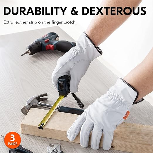Vgo... 3-Pairs Unlined Top Grain Goatskin Work and Driver Gloves for Men(Size L, White, GA9501)