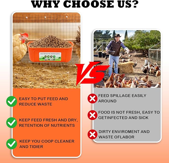 5 Pack Chicken Feeder, Duck Feeder Supplies, Hanging Fence Feed Trough with Clips for Goat, Sheeple, Piglet, Gooses, Turkeys, Dog Livestock Poultry, 8 Quarts in Total, Feed Scoop Included, Orange