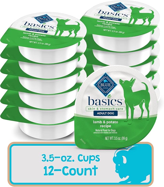 Blue Buffalo Basics Adult Small Breed Grain-Free Wet Dog Food for Skin & Stomach Care,Limited Ingredient Diet,Lamb Recipe,3.5-oz. Cups,12 Count (Pack of 2)