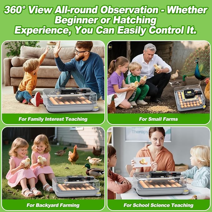 Egg Incubator for Hatching 48-132 Chicken/Quail/Turkey Eggs, 360° View Poultry Incubators with Automatic Egg Turning/Humidity Control&Alarm/Auto Water Adding/Adjustable Tray, for Beginner/Farm/Home
