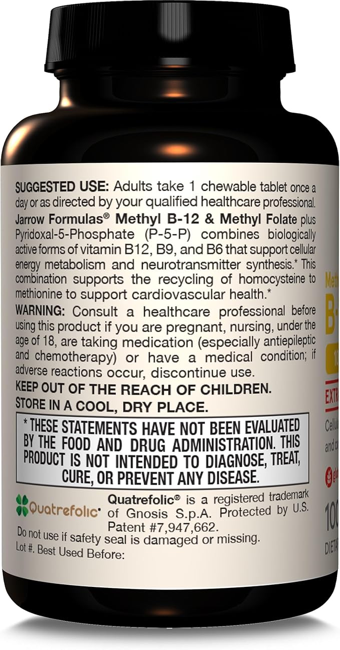 Jarrow Formulas Methyl B-12 & Methyl Folate, Bioactive Vitamin B9 and Vitamin B12 Supplement, Supports Cellular Energy Production, Healthy Brain Function & Metabolism, 60 Chewable Tablets, 60 Servings