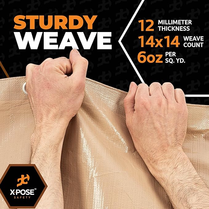 Heavy Duty Tan Poly Tarp 12' X 16' - Multipurpose Protective Cover - Durable, Waterproof, Weather Proof, Rip and Tear Resistant - Extra Thick 12 Mil Polyethylene - by Xpose Safety