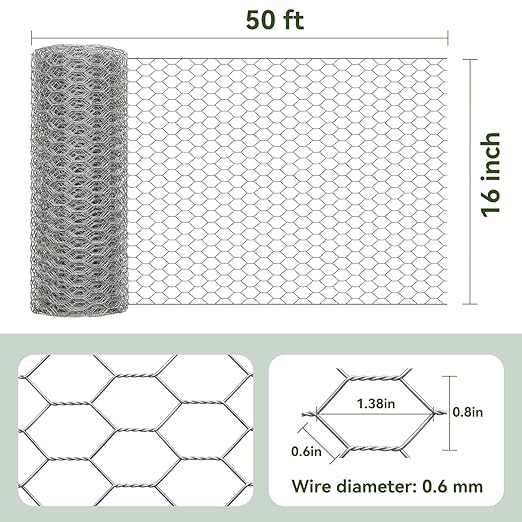 Amagabeli Chicken Wire 16 inch x 50ft Anti-Rust Hexagonal Galvanized Poultry Mesh Garden Netting Fencing Roll Barrier for Plants Vegetable Flowers Fruits Pets Dogs Rabbits Squirrel Bird Craft Project