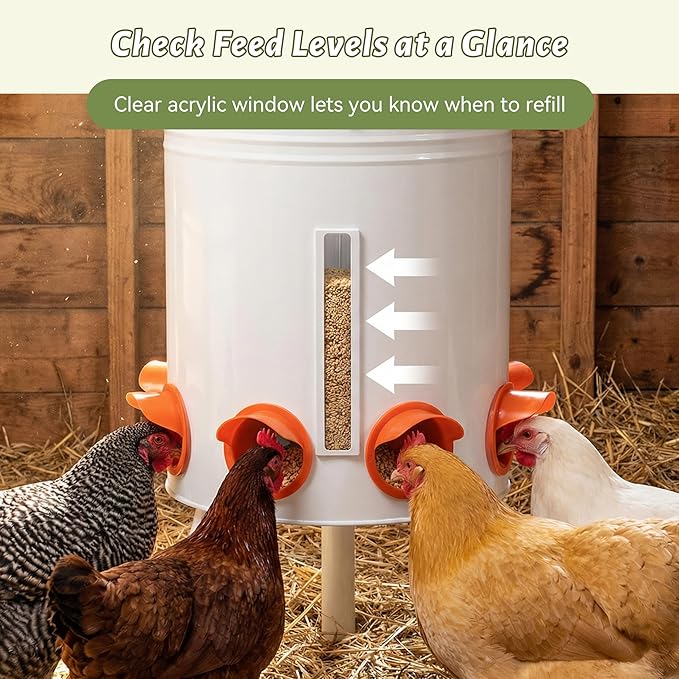 KOL 50 LB Chicken Feeder & 5 Gallon Chicken Waterer Set, All-Metal No-Waste Poultry Feeder & Automatic Gravity Waterer with 8 Ports & 8 Cups Chicken Coop Accessories