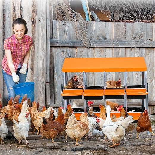Chicken Nesting Boxes, 8 Hole Metal Chicken Laying Box with with Removable Trays and Roll Out Egg Collection for Chicken Coop, with Metal Bracket, Orange
