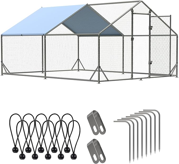 Outdoor Metal Chicken Coop Large Walk-in Poultry Cage Spire-Shaped Chicken Run with Waterproof and Anti-Ultraviolet Cover for Outside,Backyard and Farm,13' L x 9.8' W x 6.4' H