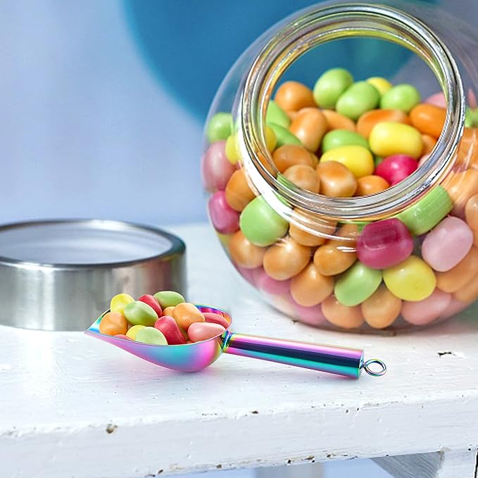 Mini Ice Scoop Set of 4, E-far 3 Ounce Rainbow Stainless Steel Scoops for Candy/Flour/Sugar, Small Metal Scoops for Party/Canisters Jars/Kitchen Bar/Ice Maker, Rust Proof & Dishwasher Safe