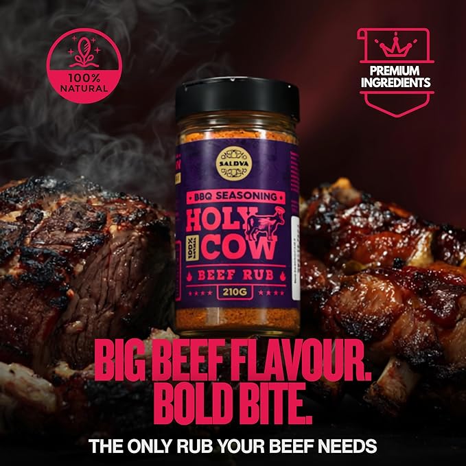 Holy Cow BBQ Beef Rub - 100% Natural Seasoning - Packs Amazing Flavour Into Any Cut Of Beef For Wonderful BBQ And Grill Dishes - Perfectly Balanced Blend Of Spices - Large Jar (210g)