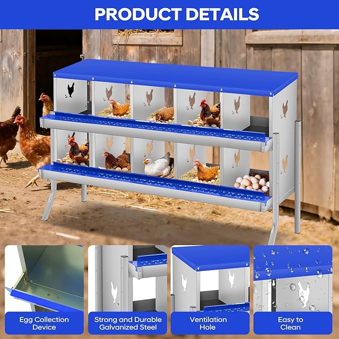 Two-Tier Removable Tray Design - Chicken Nesting Box for Small Animals - 10 Compartments, Galvanized Steel, Large Vented Holes, Wall Mount or Freestanding, Easy Clean - Blue, 10 Compartments ZW