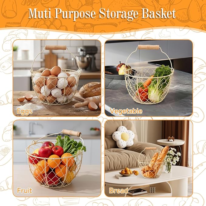 Egg Basket With Handle,Wire Egg Basket for Gathering Fresh Eggs, Round Egg Collecting Basket for Farm,Vintage Style Chicken and Duck Eggs Basket Egg Countertop Storage Container Holder ﻿(White)