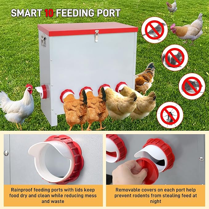 Large 85LB Automatic Chicken Feeder No Waste, Rat Proof Metal Poultry Feeder with 10 Feeding Ports, Rust-Proof Galvanized Steel Auto Chicken Feeder with Locking Lid for Chickens, Geese, Duck & Poultry