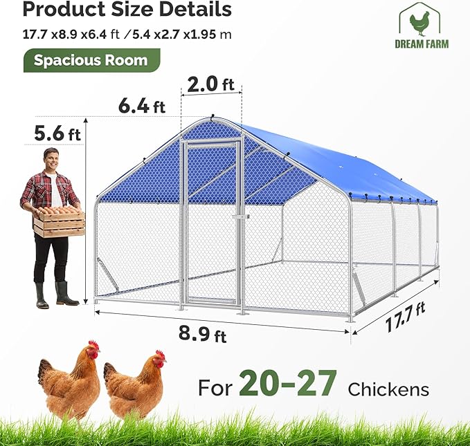Sino Luban Large Metal Chicken Coop Run for 30 Chickens/Ducks, Chicken Runs for Yard with Waterproof Cover, Chicken Enclosure Pen Outdoor, Walk-in Poultry Cage (Upgrade Top & Corner Support Brace)