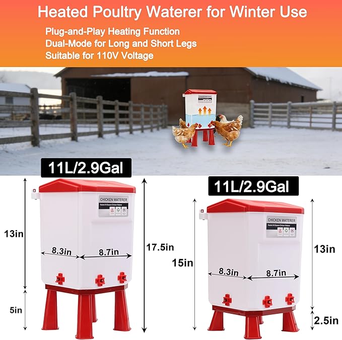 3 Gallon Heated Chicken Waterer, Chicken Water Heater with Thermostat Control,Winter Anti-Freezing Poultry Drinking Water Heater,Hanging/Standing
