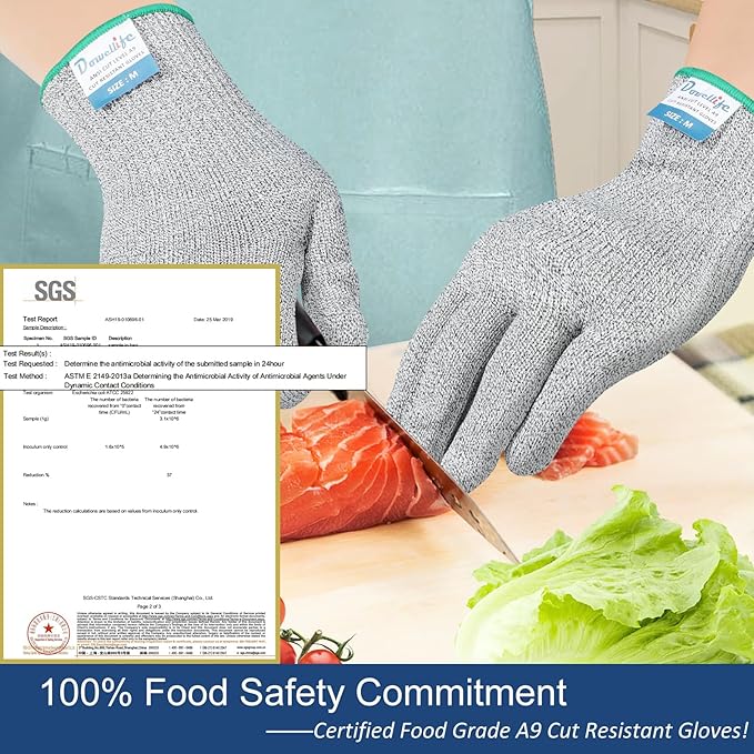 Dowellife Cut Resistant Gloves A9 Maximum Protection - Food Grade Kitchen & Chef Gloves for Food Prep, Knife Cutting, Mandoline Slicing, Butcher, Oyster Shucking, Fish Handling (Medium)