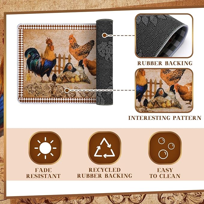 Bencailor 2 Pcs Winter Rooster Decor Kitchen Rug and Mat Rooster Kitchen Rugs Set Farmhouse Mat Decoration Chicken Non Slip Washable Doormat 17 x 30 Inch, 17 x 47 Inch