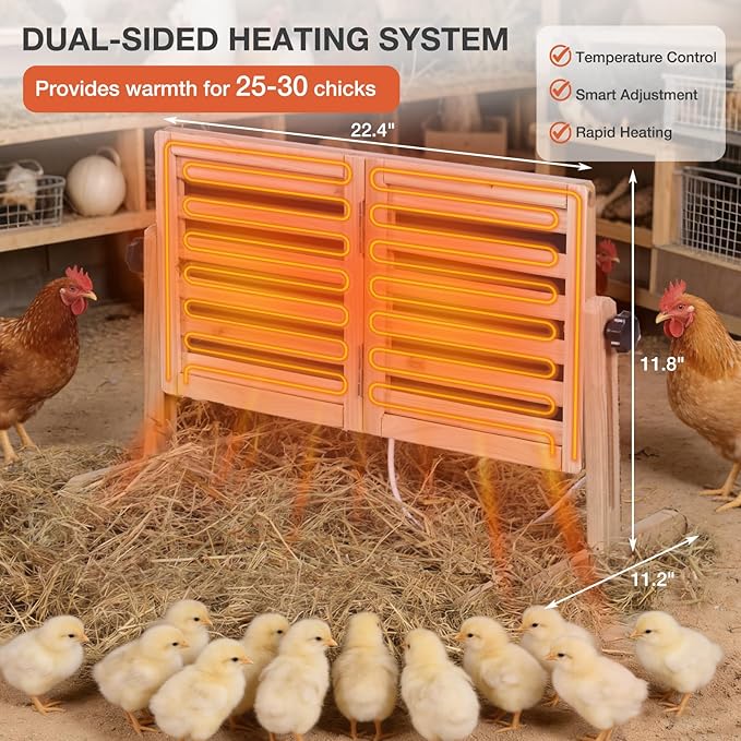Chicken Coop Heater with Temperature Control, 200W Chick Heater with Adjustable Temp (70-190℉) for Winter, 2 Heating Plates, Foldable Large Size Coop Heater (Natural Wood)