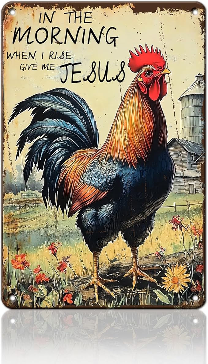 PEACHGARDEN Rooster Decor Chicken Coop Metal Sign Rooster Crowing - In The Morning When I Rise Give Me - Farmhouse Wall Art Decor for Garden Kitchen Yard Farm 8X12inch