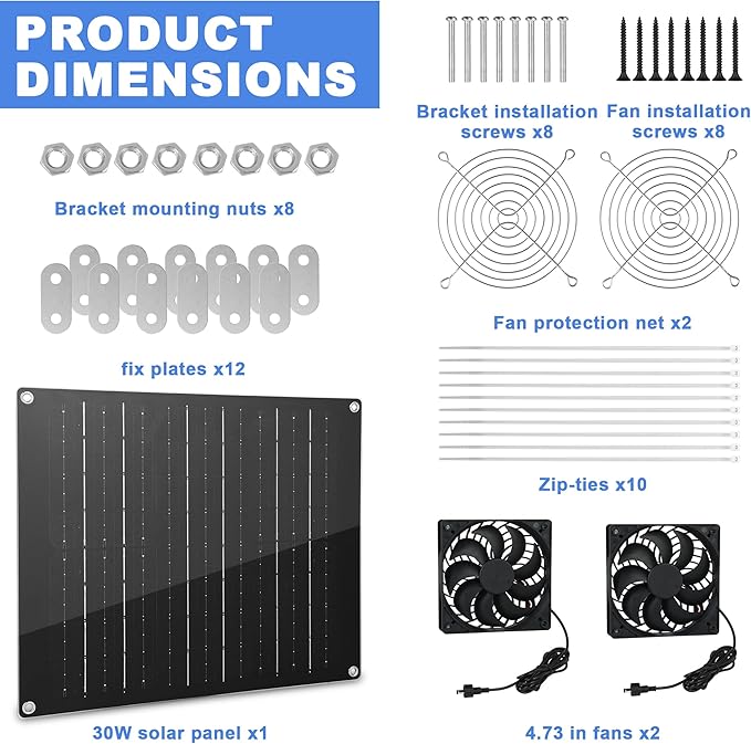 Solar Powered Fan, Solar Panel Fan 33W Solar Fan Panel with 2 IPX7 Weatherproof Fans Suitable for Outdoor Backyard Chicken Coops, Greenhouses, Shed Kennels, Pet Homes, Gardens