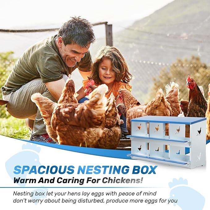 Chicken Nesting Box 6 Compartments Metal Laying Boxes for Chicken Hens Poultry Ducks Protect Eggs Chicken Coop Easy Egg Collection Wall Mount Nest Box for Chicken Coop