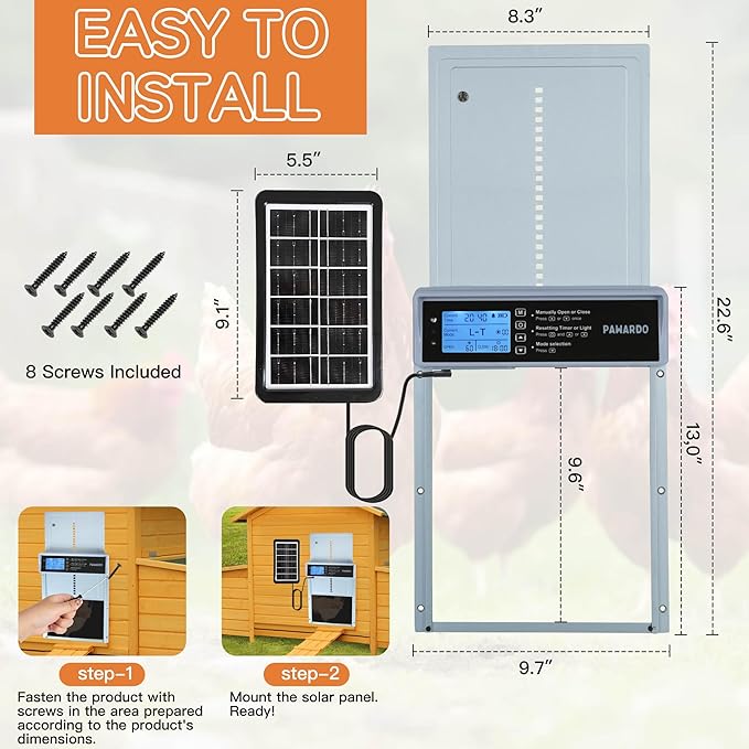 Automatic Chicken Coop Door, LCD Display, 5 Modes, Timer & Light Sensor, Solar Powered & Battery Charging Chicken Coop Door, Weatherproof Automatic Chicken Door with Remote Control