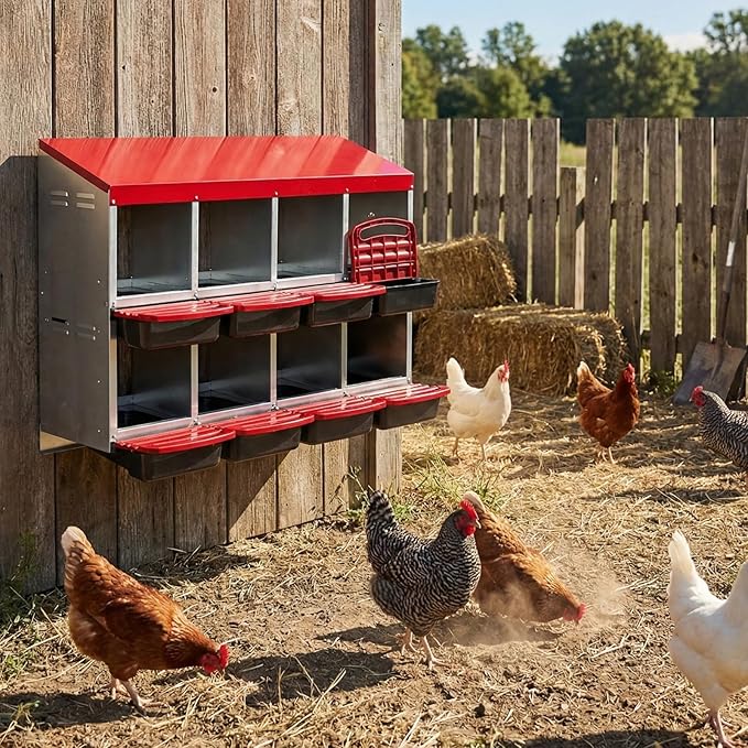 8 Compartment Chicken Nesting Box with Roll Away Egg Design - Wall Mount Hen Laying Box with Pull-Out Trays for Easy Egg Collection, Cleanable & Chicken Coop Accessories, 8 Holes, Red
