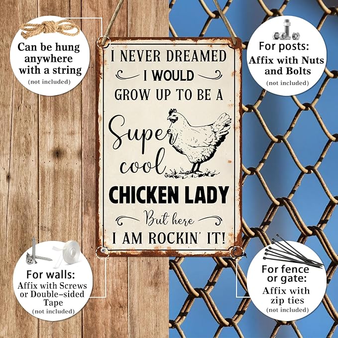 Vintage Metal Chicken Lady Sign - 8x12 Inch Wall Decor for Farmhouse & Chicken Coop