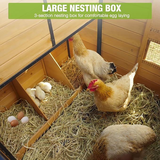 GUTINNEEN Large Chicken Coop with All Around Metal Frame Mobile Hen House with Wheels Weatherproof Duck House with Nesting Box, Outdoor Run, Perch, Leakproof Tray for 6-8 Chickens 85" L