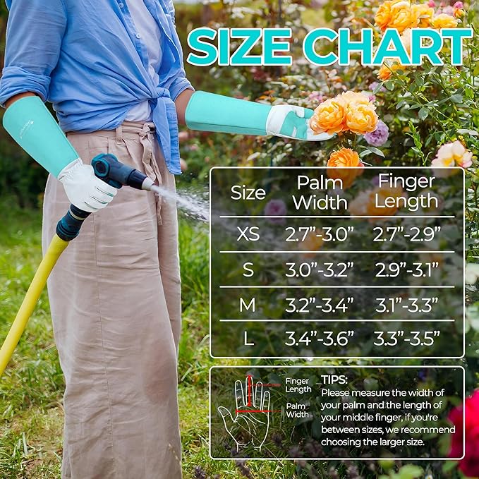 HANDLANDY Long Gardening Gloves for Men & Women, Thorn Proof Rose Pruning Gloves Leather Gauntlets Garden Glove Yard Work Glove (Teal Green, X-Small)
