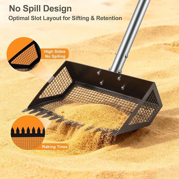 Chicken Poop Scooper and Rake – 2-in-1 Heavy Duty Metal Litter Sifter with Serrated Head fine mesh, Adjustable Handle for Effortless Coop Cleaning in Sand, Ideal for Chicken and Duck