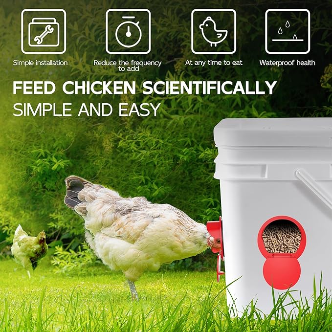 Chicken Feeder Port 8 Pack Poultry No Waste Port Kit with Stopper Lid, 1 Hole Saw, DIY Automatic Reusable Coop Feeders, Rain Proof Gravity Feeding Geese Duck Hens Rooster for Bucket Barrel Bin (Red)