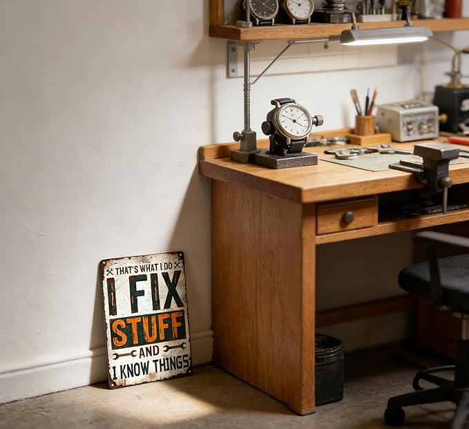 Funny Garage Metal Sign Rustic Farmhouse Wrench Tools Shop Accessories Tin Signs Vintage Man Cave Decor I Fix Stuff Mechanic Poster Aluminum Wall art for Workshop Garage 8x12 Inch