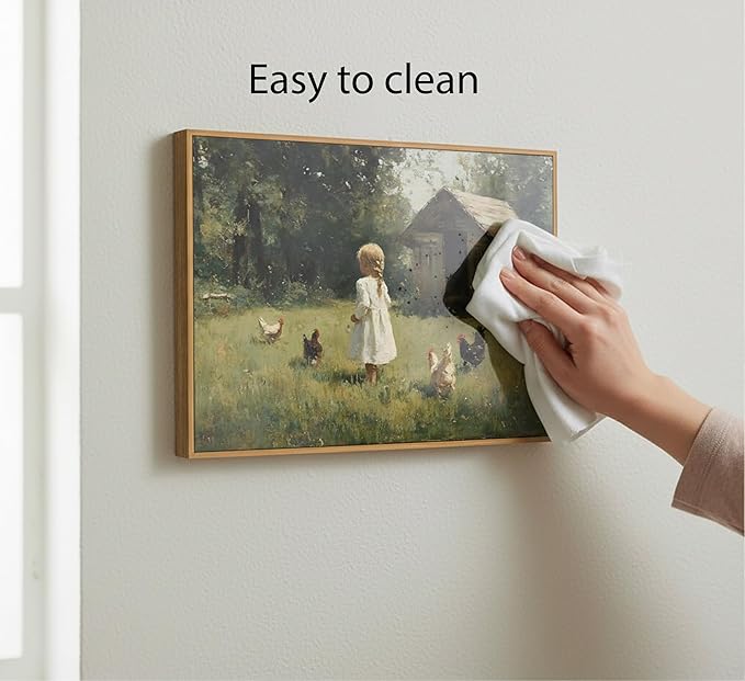 Framed Farm Girl Wall Art,Vintage Farmhouse Canvas Prints.Rural Cottagecore Chicken Picture Artwork,French Country Painting Wall Decor for Bedroom Living Room 8x10in