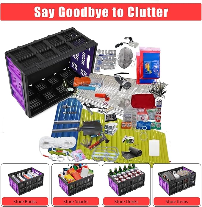 14.5 Gallon Purple Collapsible Milk Crate, Heavy-Duty Plastic Storage Container with Handles, 55 LBS Load Capacity Stackable Folding Bin for Home Office Farm Garage Basement.