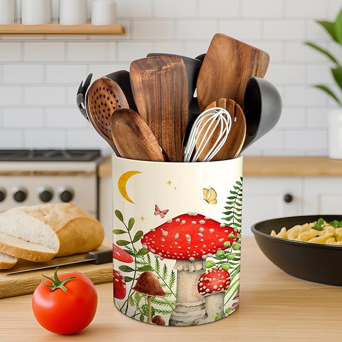 Hexagram Mushroom Decor Utensil Holder, Mushroom Kitchen Decor Ceramic Utensil Holder for Farmhouse Indoor Kitchen Decorations Rustic Farmhouse