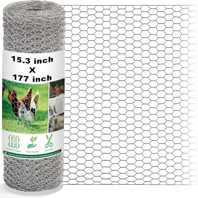 Chicken Wire Fencing Mesh, 15.3 x 177 Inches Metal Floral Wire Fence for Crafts Poultry Garden, Hexagonal Galvanized Hardware Cloth Netting for Chicken Coop Barrier Rabbit Cage