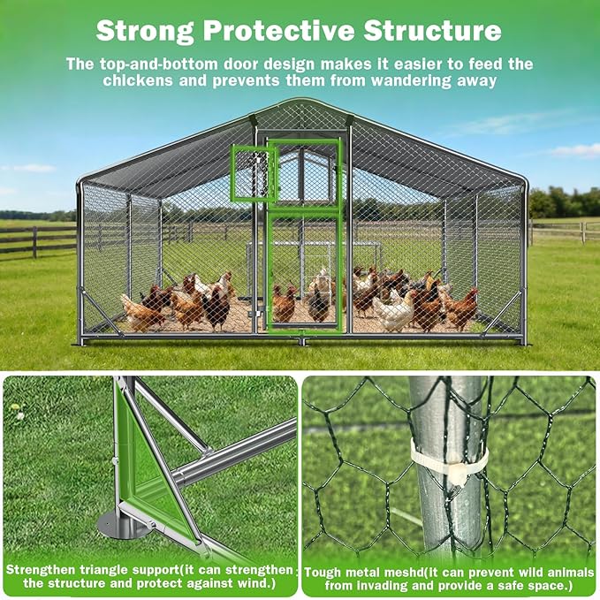 10x13FT Metal Chicken Coop, Dutch Door Chicken Run with Chicken Perch, Cover and Hardware Cloth, Walk in Duck Pen for Backyard Poultry and Pet Farming
