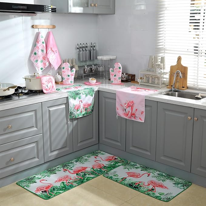 10 Pcs Flamingo Kitchen Dish Towels Rugs Oven Mitts and Pot Holders Set Farmhouse Kitchen Decor Set for Women Mom Daughter Gift Cooking Baking Grilling(Cute Pink)