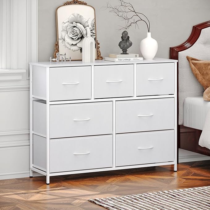 WelFurGeer 7-Drawer Fabric Dresser with Metal Frame, Dressers & Chests of Drawers, White Chest of Drawers for Bedroom, Hallway, Entryway, Closets, Kids Room Organization, White