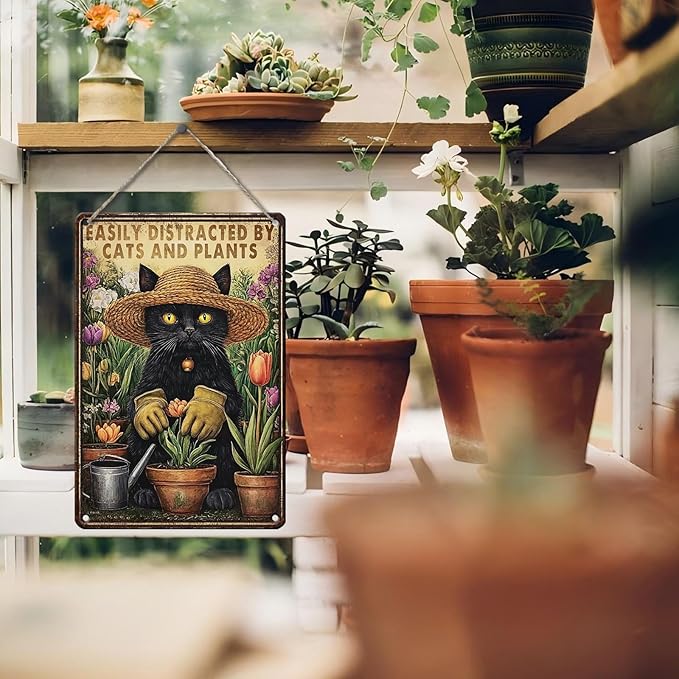 PEACHGARDEN Garden Sign Cat Outside Sign Easily Distracted by Cats and Plants Vintage Funny Metal Wall Art for Home Farmhouse Kitchen Outdoor Gift 8x12inch