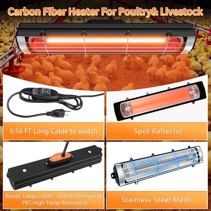 Chicken Coop Heat Lamp, 300W Brooder Heater for Chicks, Carbon Fiber Bulb Heater with 2-Level Temp, 6.6ft Cord UL Passed Adjustable Hanging Height, Livestock Indoor Warmer